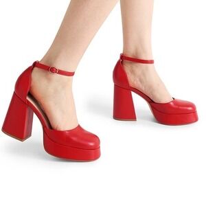 NIB DREAM PAIRS Womens Red Platform Ankle Strap Chunky Heel Pumps Sz 9.5